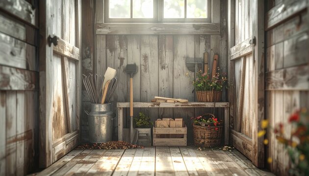 A Rustic Garden Shed Filled With Essential Tools And Supplies For Cultivating Vibrant Plants.