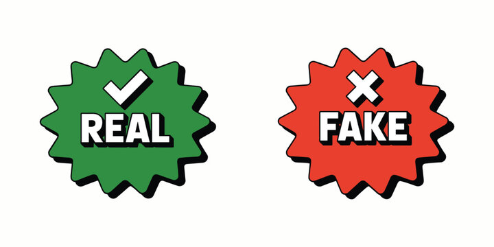 Green and red starburst with real and fake text checkmark vector illustration isolated on white background.