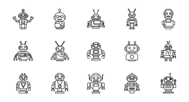 Robot icons set linear style isolated on white background