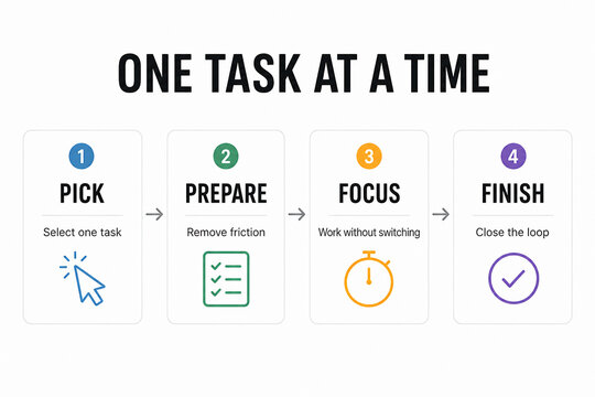 It displays a productivity method using four steps: pick, prepare, focus, and finish. It&rsquo;s set against a white background with a motivational graphic.