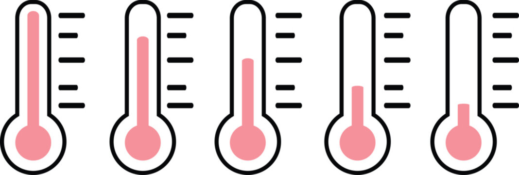 A collection of five flat vector icons of thermometers showing varying levels of temperature, ranging from high to low, isolated on a white background.