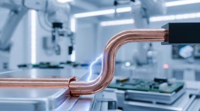 battery design and production, Electric spark traveling on copper connector in industrial electronics lab with circuit board and robotic arm
