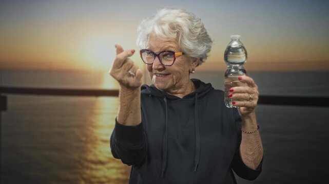 Elderly woman holds plastic water bottle, beckons with thumb and forefinger while smiling on balcony at sunset, wearing glasses and dark hoodie; playful joy.