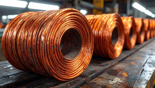 Rolled Copper Wire Coils, Industrial Material Storage on Rustic Workbench