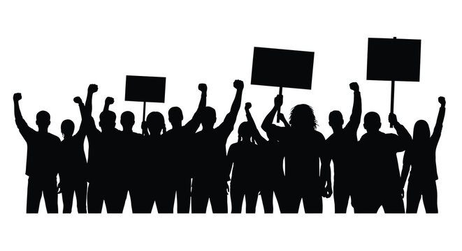 protesting crowd silhouette with raised hands and signs