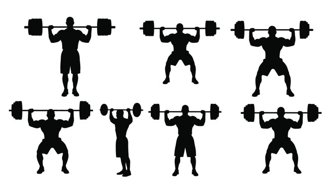 weightlifter silhouettes lifting barbells in various poses on white background