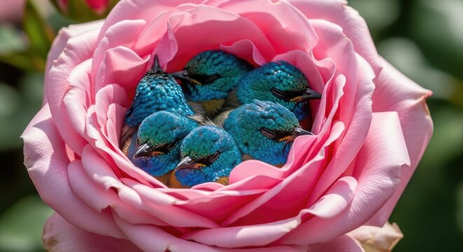 A vibrant pink rose nestles within its petals, surrounded by a trio of blue birds, their feathers glistening in the light.