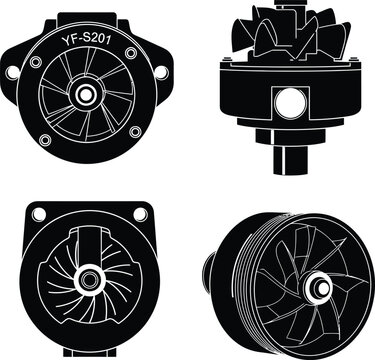 Four different views of a water flow sensor YF S201, isolated on transparent background