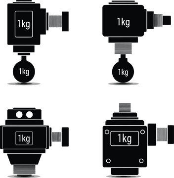 Four different views of a load cell sensor for weight measurement, isolated on transparent background