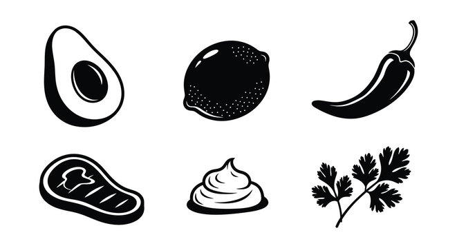 Black silhouettes of avocado tomato cilantro and other food items