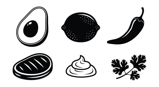 Black silhouettes of avocado tomato cilantro and other food items