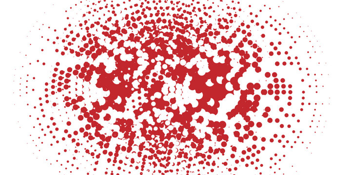 Red halftone concentric circle background. Dotted radial gradient texture. Rippled sonic wave ring wallpaper. Vector rasterized rough backdrop for epicenter, target, radar signal, vibration concept