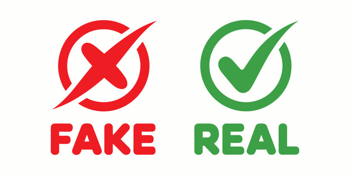 Red and green checkmark symbols with fake and real text check mark tick correct incorrect vector illustration isolated on white background.