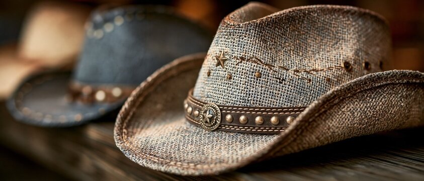 A cowboy hat with a strap and a star on a wooden background provides an authentic backdrop for themes such as Westerns, country style and adventure.