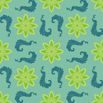 Elegant Peacock Floral Pattern, Seamless Teal Bird Motif, Vintage Botanical Ethnic Design, CMYK