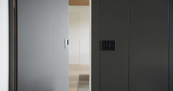The door closes in a modern room. Gray background texture board. Wooden panels in modern room. Empty room and wood panels wall background. Gray and black panels in modern minimalist interior. 