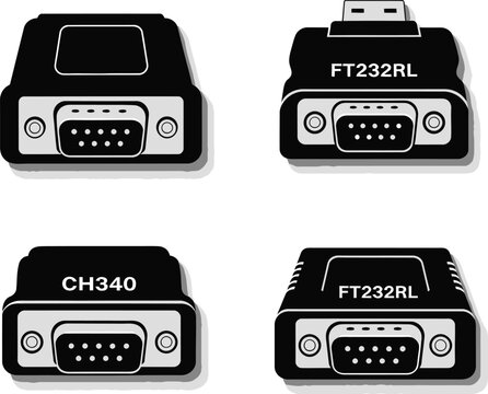 Four USB to serial converter adapters on a white background, isolated on transparent background