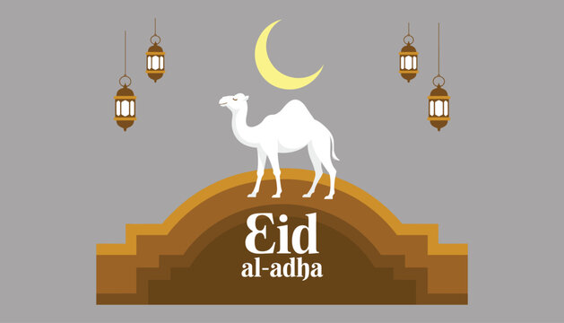 White camel standing on brown arch with Eid al-adha text and lanterns crescent moon vector illustration isolated on white background.
