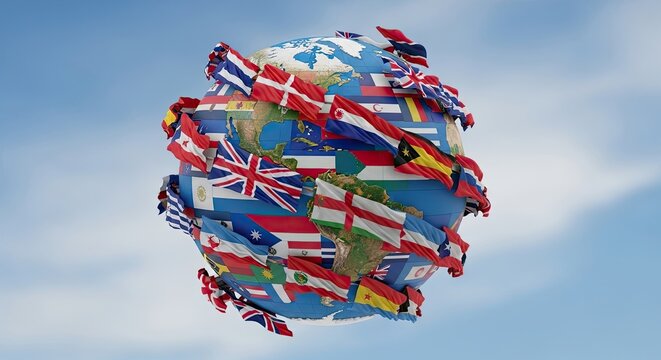 A vibrant globe adorned with flags from various countries, set against a backdrop of a clear blue sky.