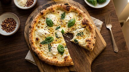 White Pizza Garlic Cream Vivid White Sauce Garlic Pizza With Ricotta And Basil Overhead Bite Taken Cross-Section Interior Revealed