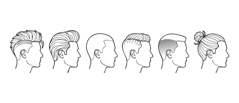 Mens Hairstyle Set Line Art Profiles - Barbershop Guide Collection for Modern Men's Haircuts, Undercut, Pompadour, Buzz Cut, Fade, and Man Bun Styles - Minimalist Vector Illustration Design Element