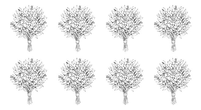 Flower tree branches pattern with white doodle blossoms and detailed stippled leaves for background design