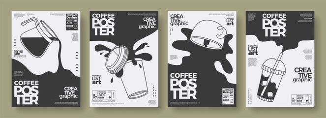 Coffee concept design. Outline posters set of coffee pot, paper cup and lid, cup, plastic beaker. Abstract templates with spilling, flowing coffee. Simple illustrations for wall art, cafe, coffee shop