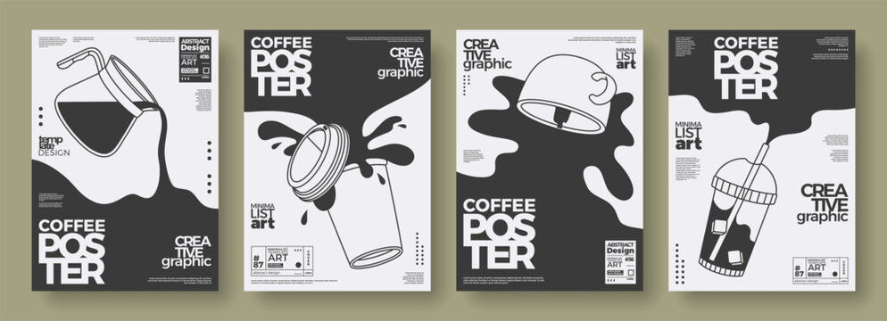 Coffee concept design. Outline posters set of coffee pot, paper cup and lid, cup, plastic beaker. Abstract templates with spilling, flowing coffee. Simple illustrations for wall art, cafe, coffee shop