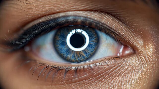 Extreme Macro Close Up of Blue Eye Iris with Ring Light Reflection and Pupil Dilation