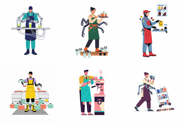 Fototapeta premium Illustrations of futuristic baristas and cafe workers with robotic arms and cybernetic enhancements multitasking in a modern service environment.