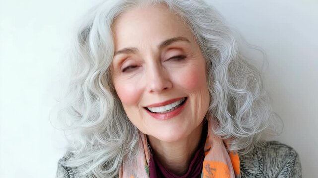 A woman with gray curly hair shares hair styling tips for older women. She shows various looks and ways to style gray hair in an indoor space