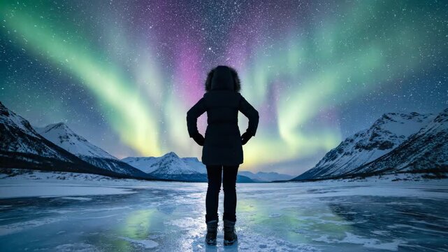 Lone Figure Standing on a Frozen Lake Watching the Spectacular Aurora Borealis