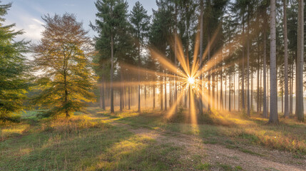 Obraz premium Sunbeams radiating through a forest at sunrise, creating a starburst effect