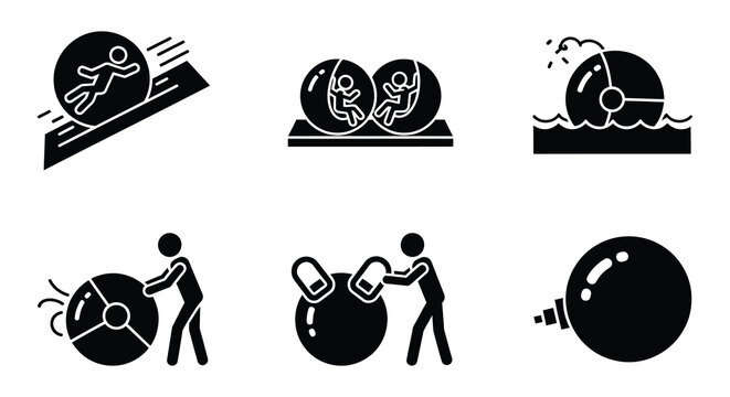 Zorb ball icons set people inside transparent sphere black silhouette