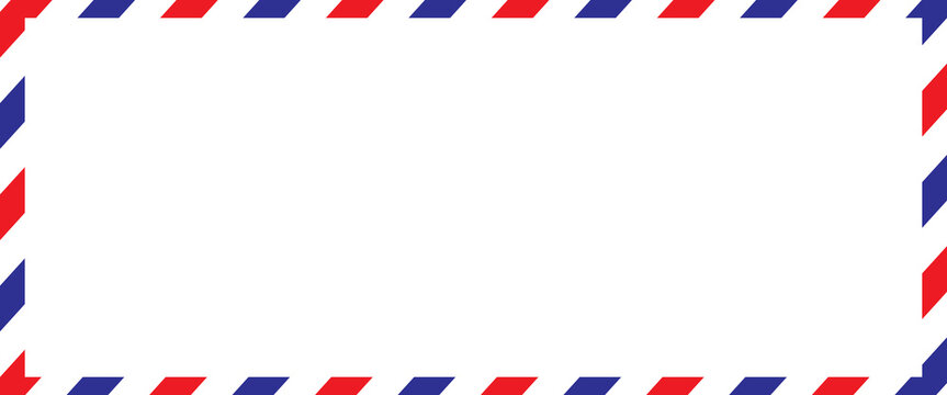 Airmail envelope frame with blue and red stripes on white background. International vintage letter border. Retro air mail postcard. Blank envelope.