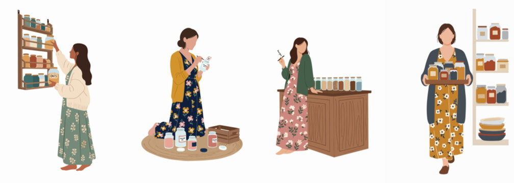 Set of Illustrations Featuring Women Organizing Kitchen Pantries and Jars for a Sustainable Lifestyle