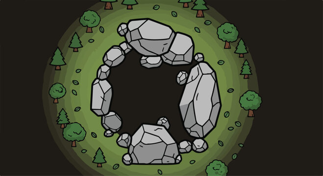 Mystical stone circle in a forest clearing, ancient megalithic rock formation vector, top-down view of a druid ritual site with green trees