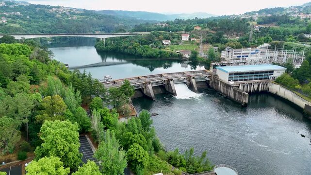 Hydroelectric dam generating renewable power aerial view