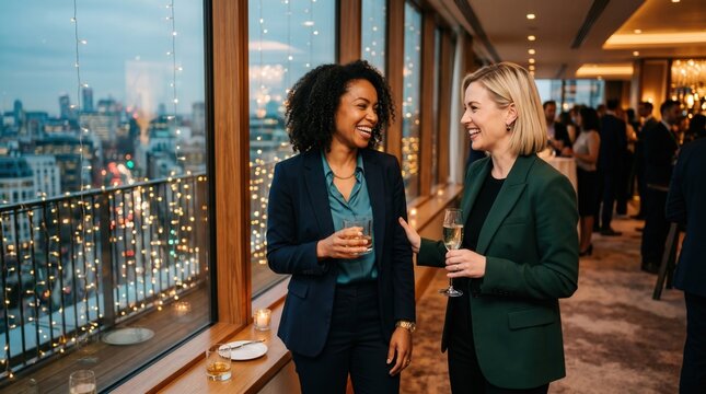 Diverse female entrepreneurs celebrating business success at a rooftop networking event. Professional women sharing a toast during a corporate cocktail party with city views.