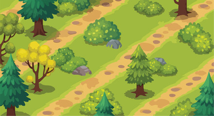 Fototapeta premium Isometric forest landscape vector background, cartoon nature scene with dirt paths and green trees, stylized woodland park environment for games