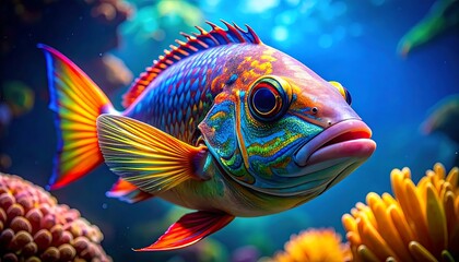 Fototapeta premium Vibrant Tropical Fish Digital Illustration With Colorful Multi Colored Scales Swimming Through A Bright Coral Reef Environment Under Blue Ocean Water