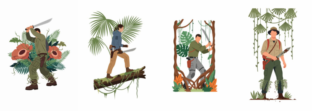 Set of four flat vector illustrations depicting adventurers and explorers navigating through dense jungle terrain with machetes and gear.