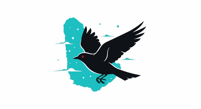 Stylized black bird in flight with glowing red eye against abstract blue background