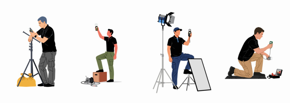 Illustrative Set of Professional Film Crew Lighting Technicians and Gaffers Using Light Meters and Studio Equipment on a White Background