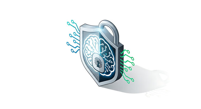 Stylized shield padlock with brain fingerprint and circuit design on white background isolated