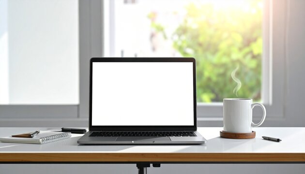 minimalist remote work setup with laptop and steaming coffee by bright window