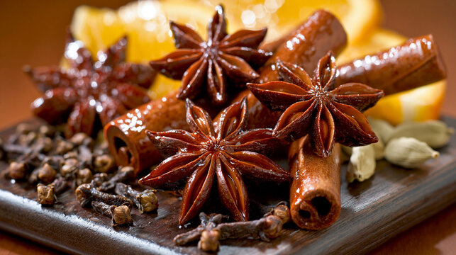 Aromatic mulled wine spices with star anise cinnamon sticks cloves cardamom and fresh orange