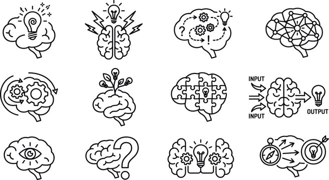 Brain creativity icons, innovation thinking process, problem solving illustration, cognitive imagination design, symbolic mental activity, input output idea generation