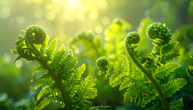 Vibrant green fern fiddleheads unfurling in a sun-drenched forest, glistening with morning dew and illuminated by golden light.