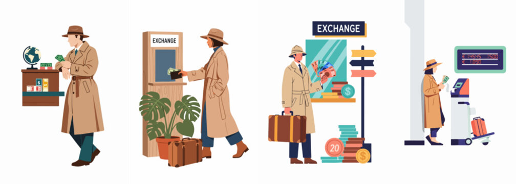 A series of illustrations featuring travelers in trench coats exchanging different currencies at various bank kiosks and exchange points.